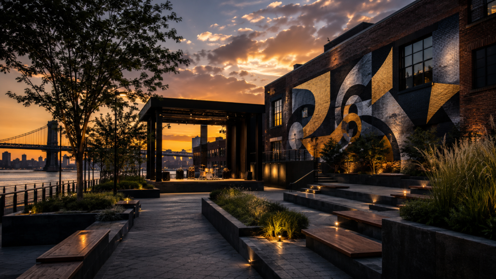Waterfront arts venue with mural and outdoor stage at sunset